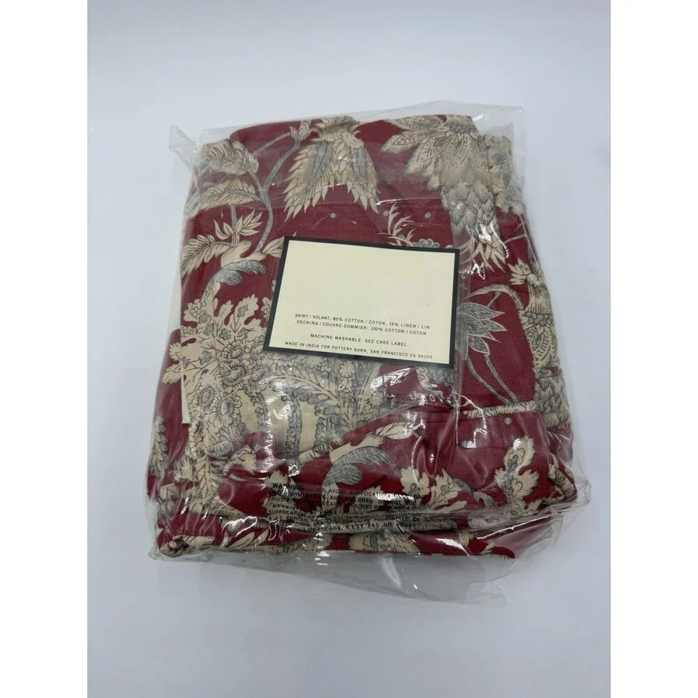 Pottery Barn Margaret bed skirt juponnage Cotton Linen Floral Beige Red Queen